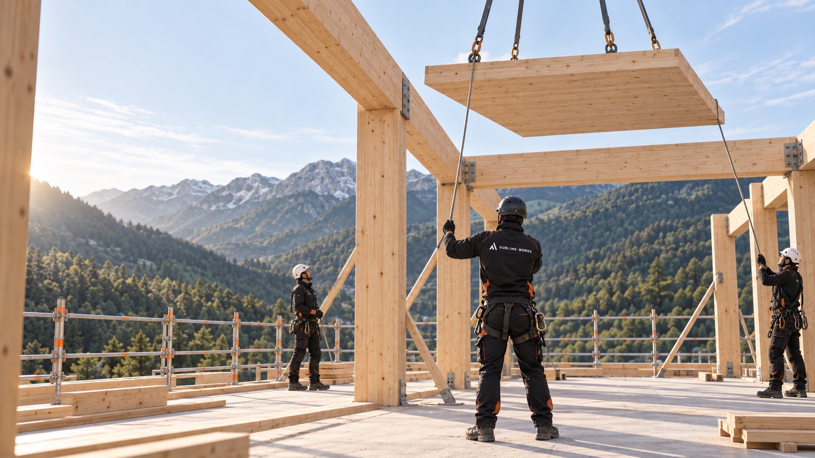 Equipo de Sublime Works coordinando el izado seguro de un panel CLT sobre una estructura de madera en los Pirineos