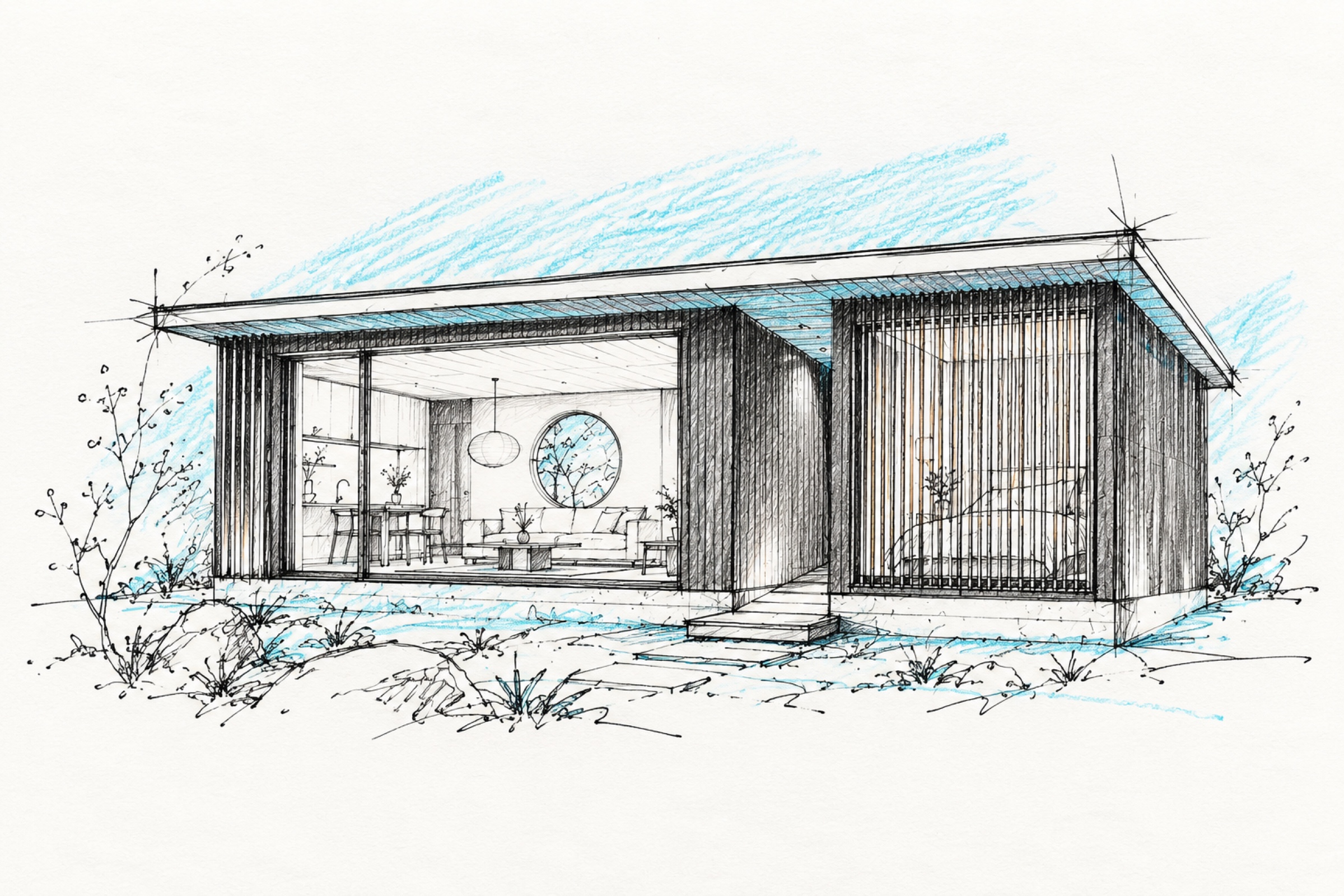 Croquis de un modelo modular de cubierta plana y fachada abierta