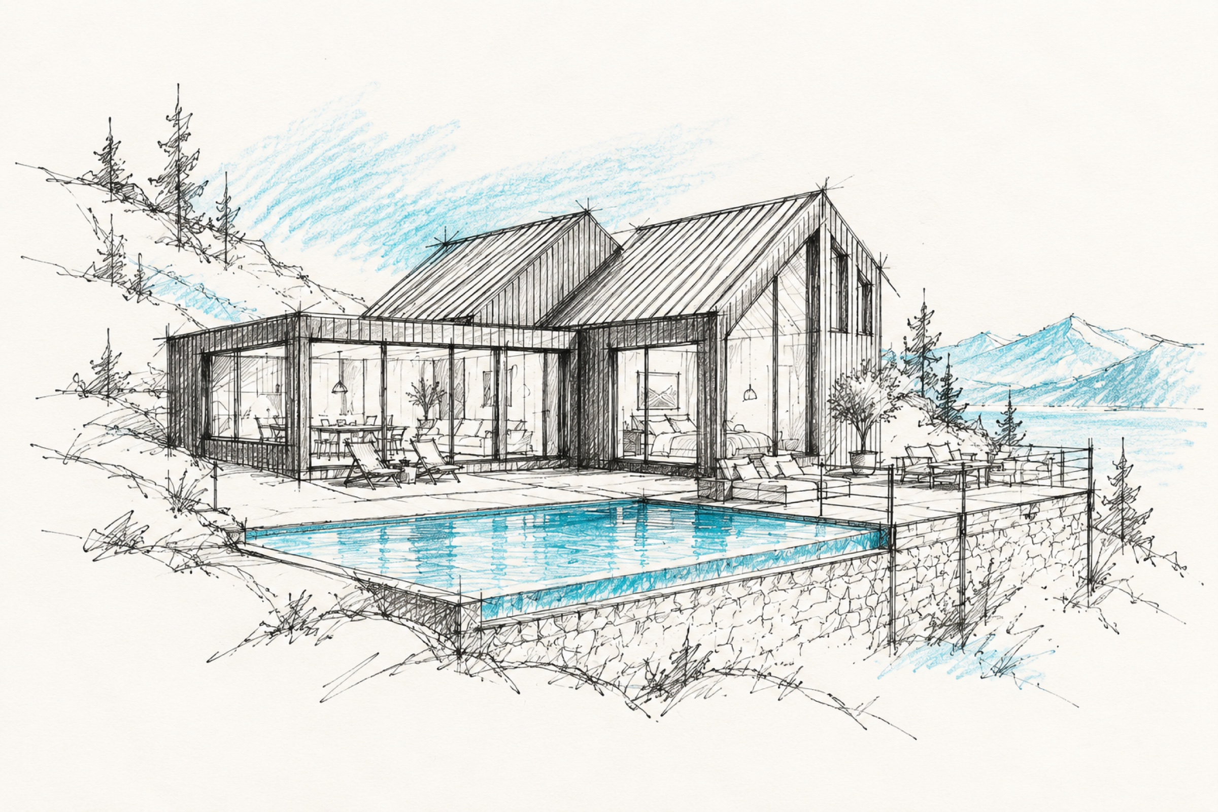 Croquis de una vivienda industrializada con piscina y módulos de cubierta inclinada