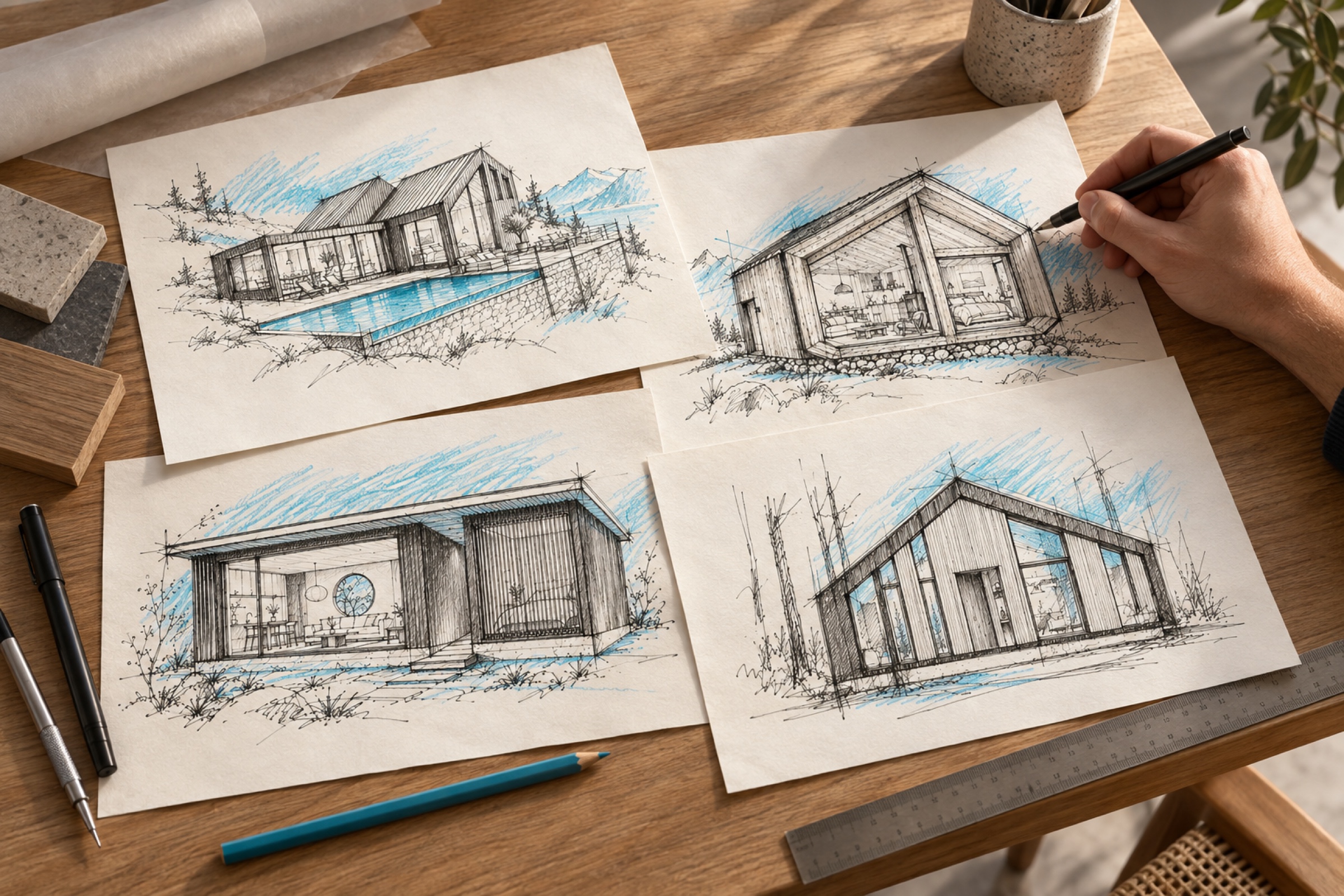 Mesa de diseño con varios croquis de modelos residenciales industrializados de Sublime Projects