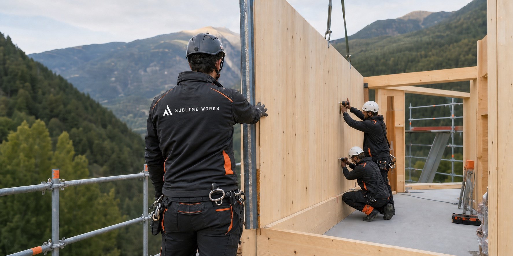 Equipo de Sublime Works montando paneles de madera CLT en una estructura